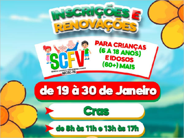 Prefeitura de Areial abre inscrições para o SCFV visando o fortalecimento de vínculos na comunidade
