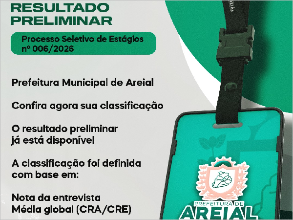 Prefeitura de Areial divulga resultado preliminar do Programa de Estágio 2026